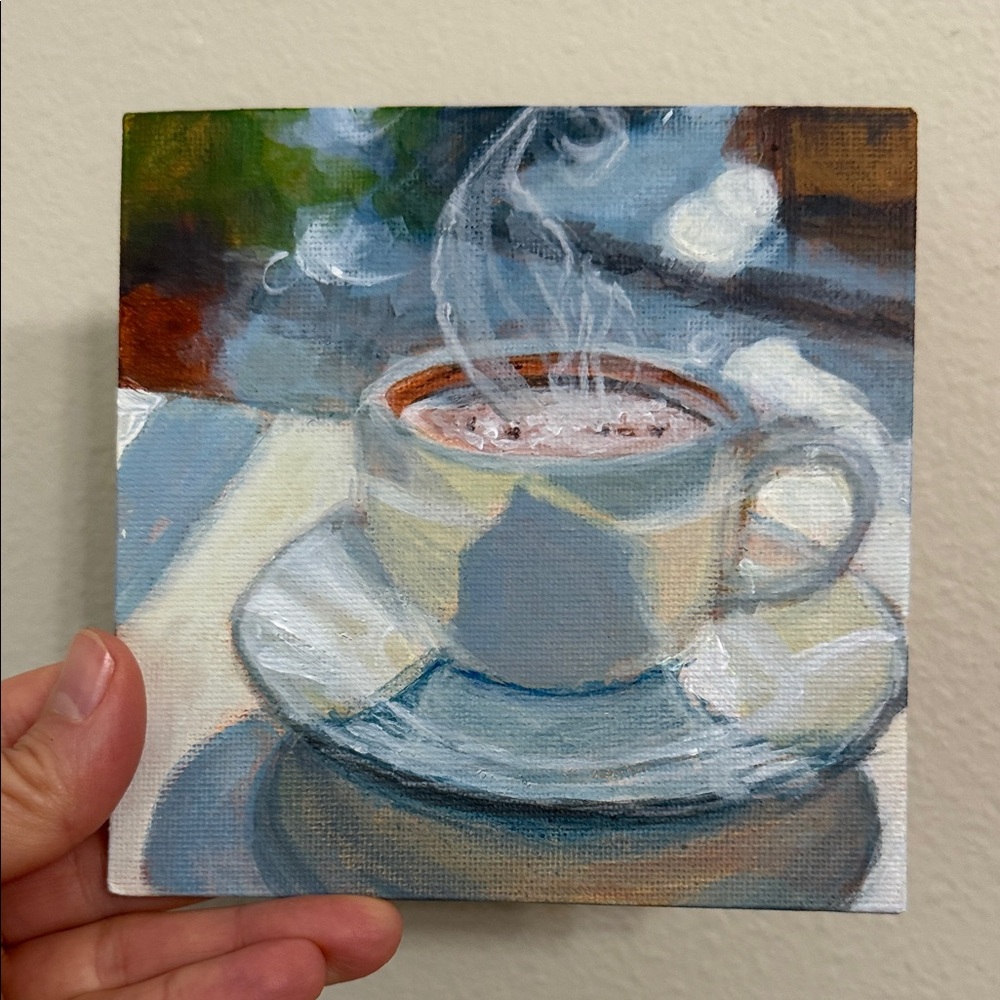 Neutral Toned Coffee Cup Mixed Media Painting on Canvas Panel 6”x 6”